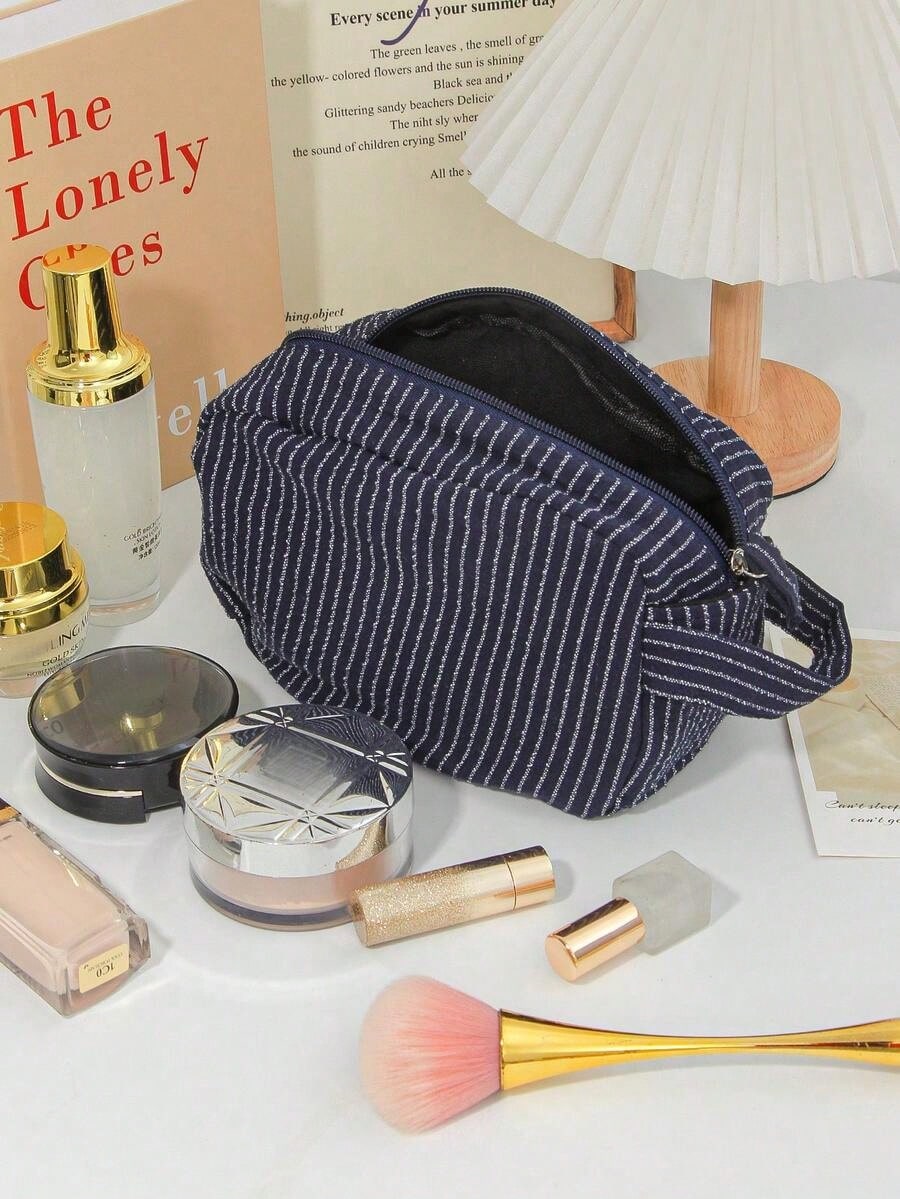Classic Striped Large Capacity Handheld Makeup Bag, Dark Color Zipper, Skincare Products Travel Organizer Pouch Travel Essentials For Holiday Vacation Makeup Organizer Travel Bag For Women Make Up Bag