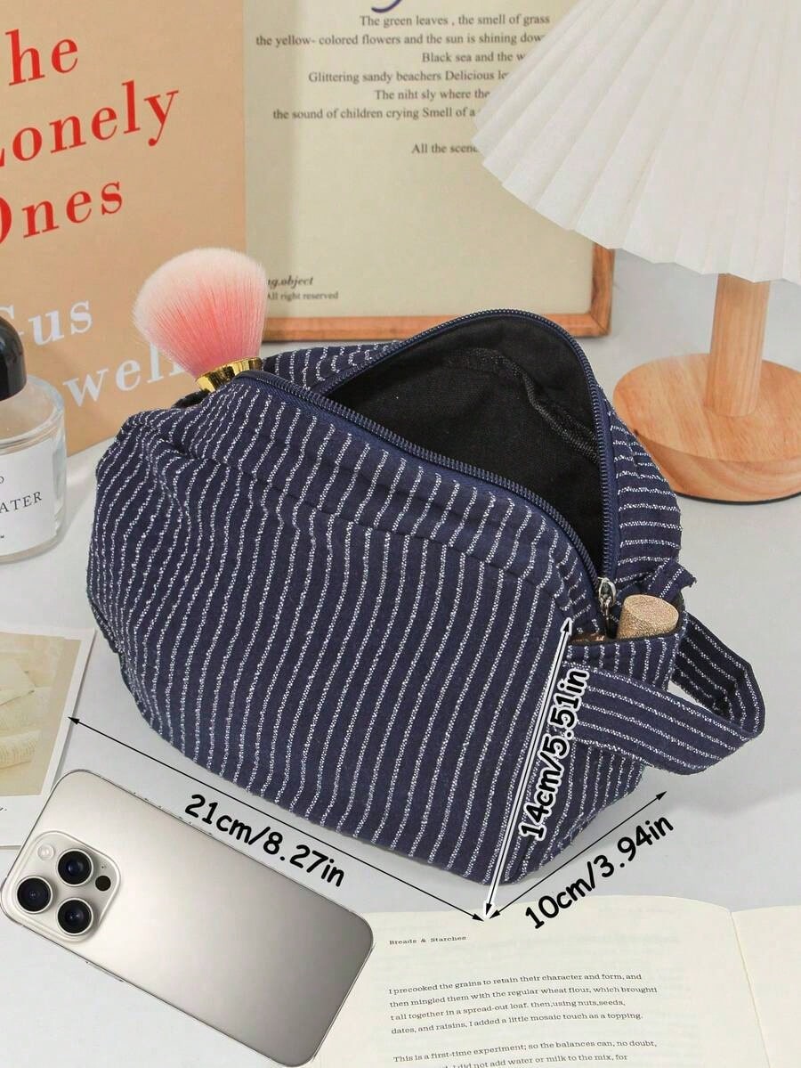 Classic Striped Large Capacity Handheld Makeup Bag, Dark Color Zipper, Skincare Products Travel Organizer Pouch Travel Essentials For Holiday Vacation Makeup Organizer Travel Bag For Women Make Up Bag