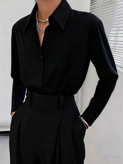 Classic Women's Black Button Detail Long Sleeve Regular Collar Shirt Spring