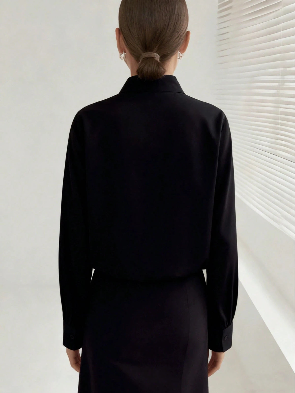 Classic Women's Black Button Detail Long Sleeve Regular Collar Shirt Spring