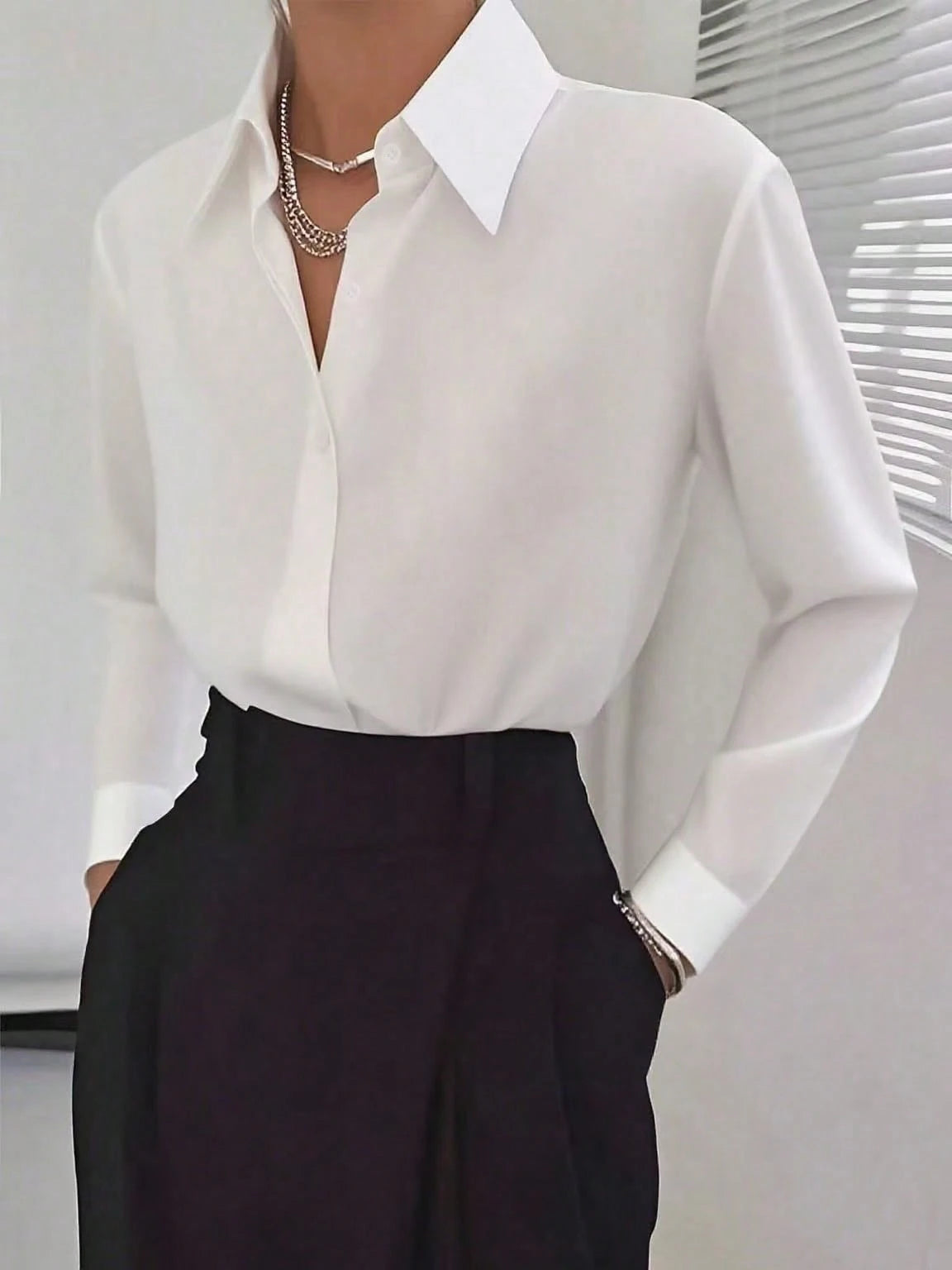 Classic Women's Black Button Detail Long Sleeve Regular Collar Shirt Spring