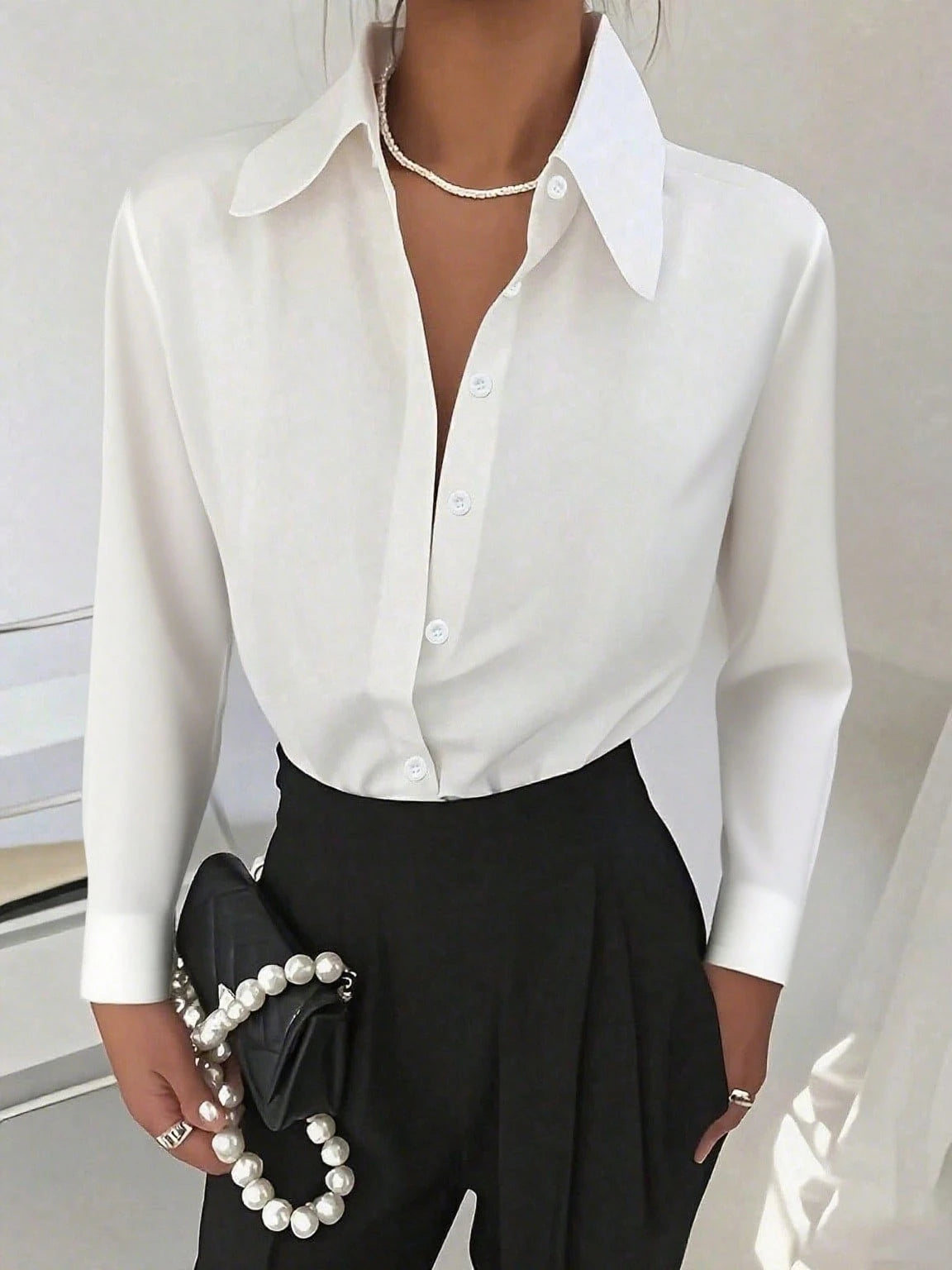 Classic Women's Black Button Detail Long Sleeve Regular Collar Shirt Spring