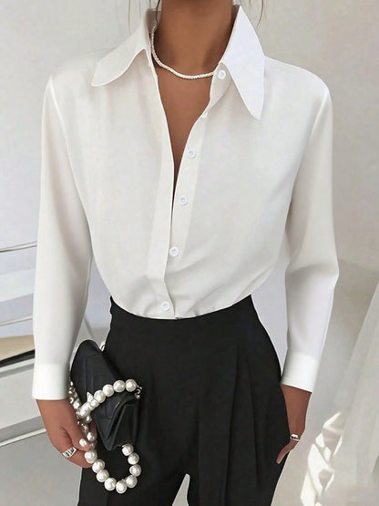 Classic Women's Black Button Detail Long Sleeve Regular Collar Shirt Spring