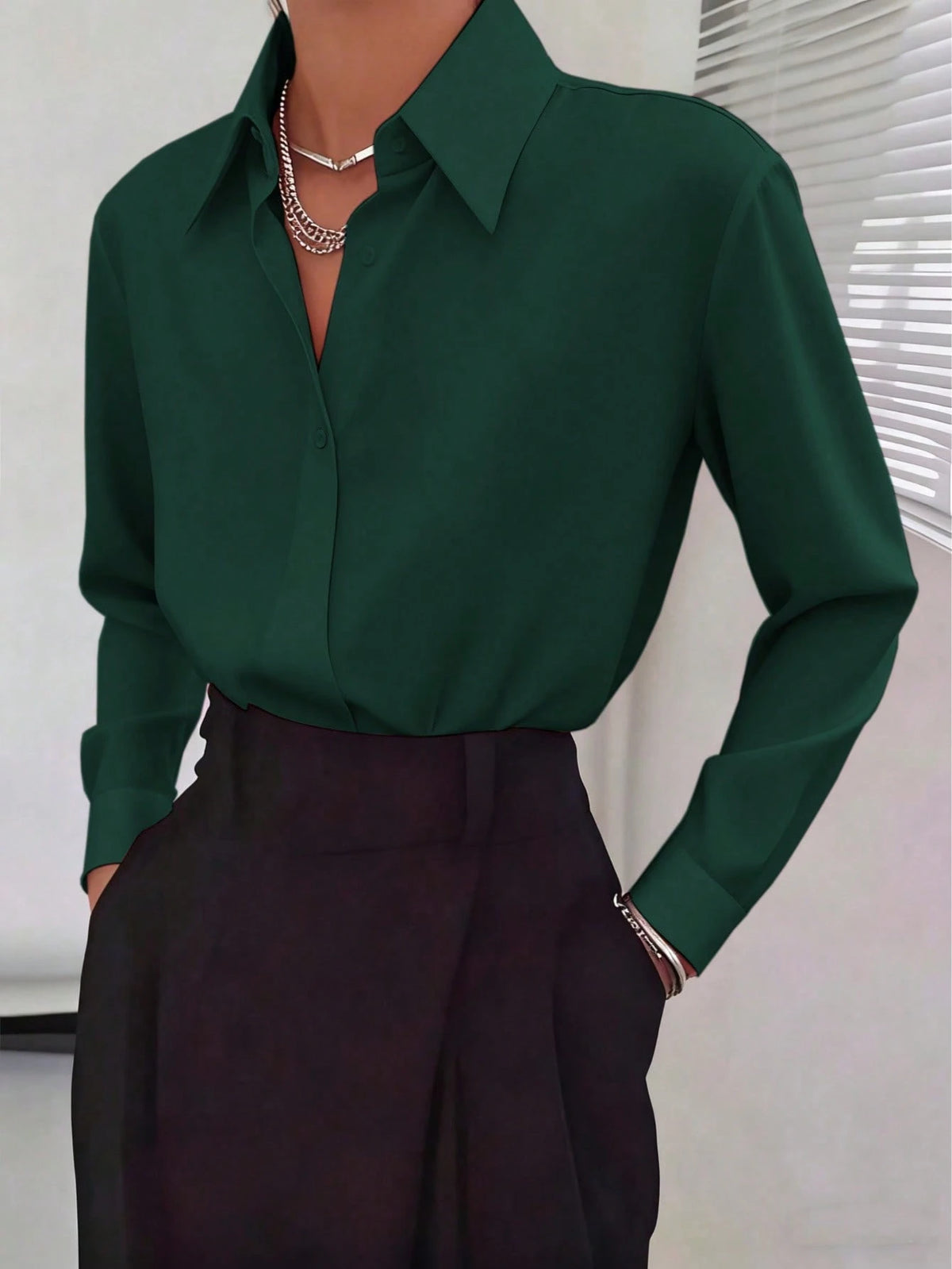 Classic Women's Black Button Detail Long Sleeve Regular Collar Shirt Spring