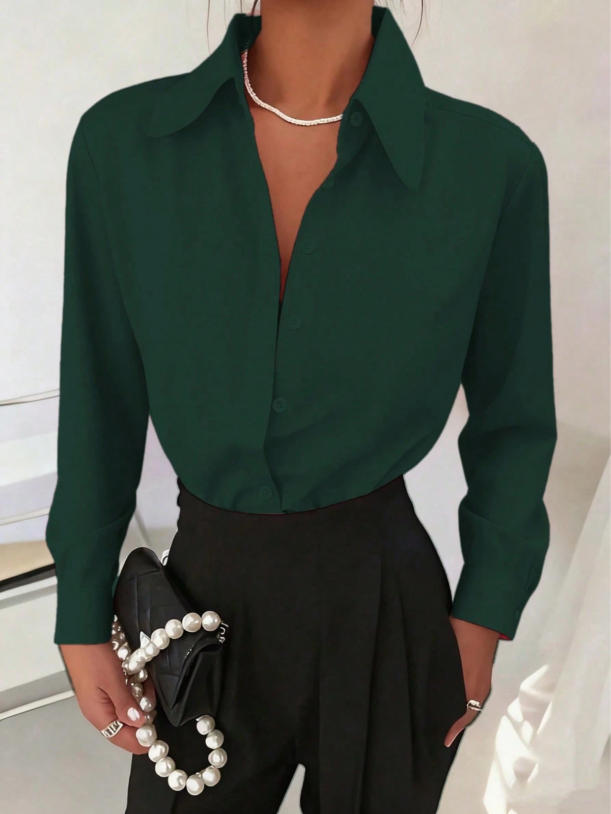 Classic Women's Black Button Detail Long Sleeve Regular Collar Shirt Spring