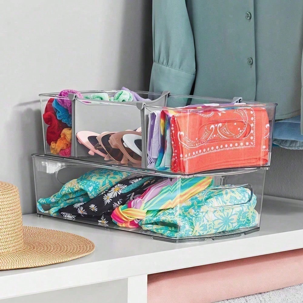 Closet And Laundry Storage Bin With Removable Dividers Clear Plastic Organizer Box For Clothes Toys Accessories Bedroom Closet Home Storage 14.5 X 8 In