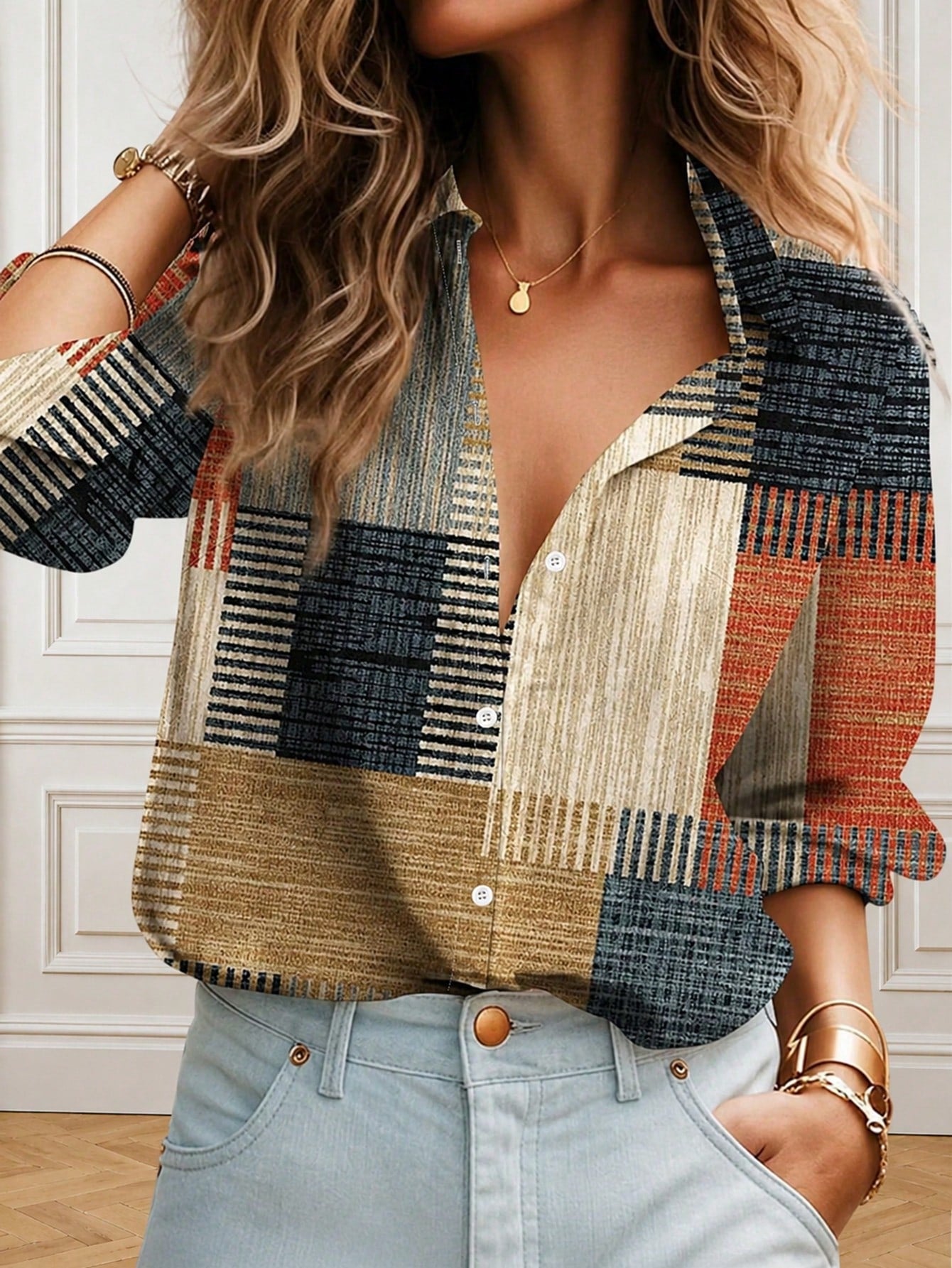 Colorblock Button & Print Decor Long Sleeve Casual Retro Shirt,Long Sleeve Tops Summer