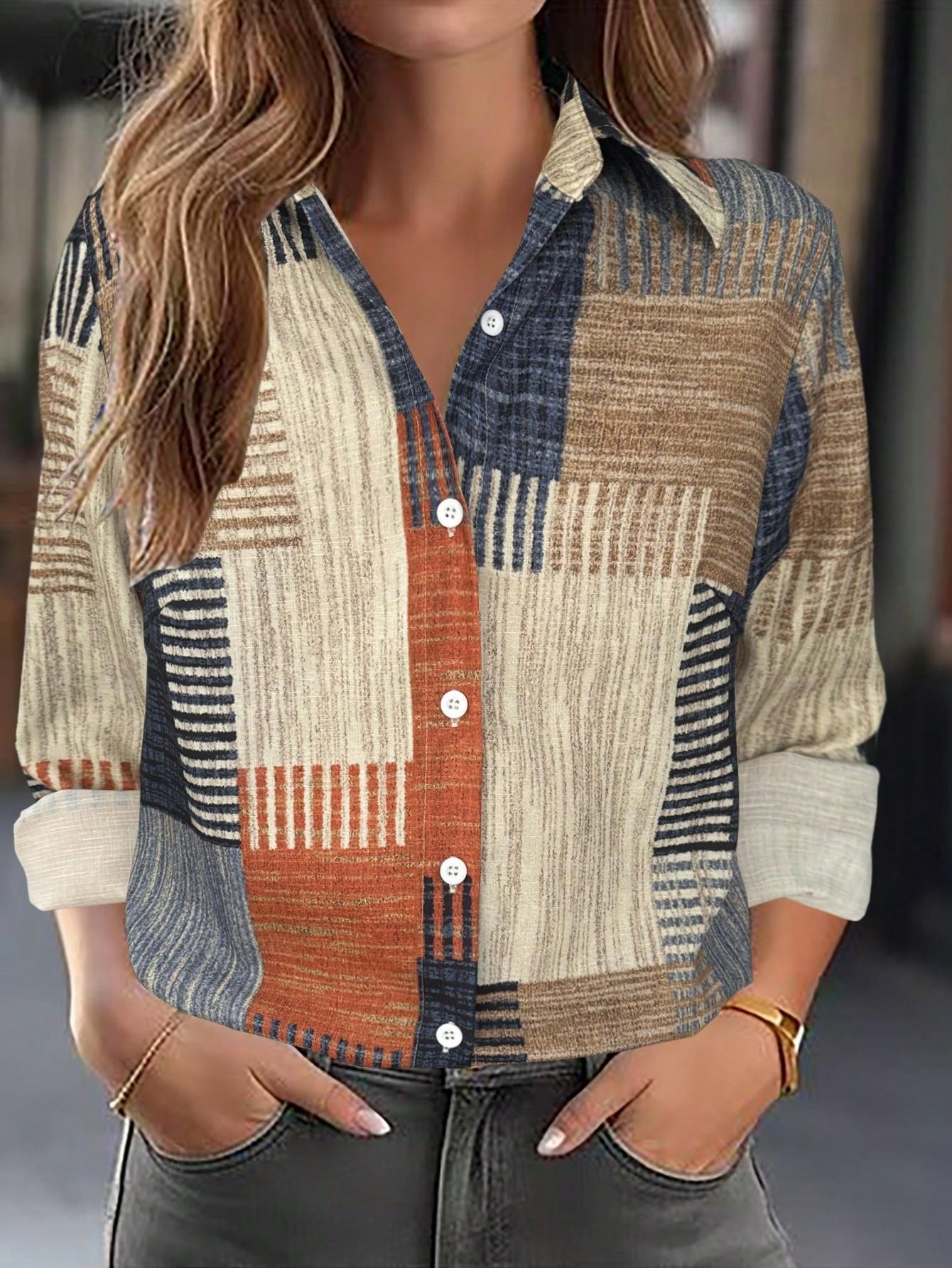 Colorblock Button & Print Decor Long Sleeve Casual Retro Shirt,Long Sleeve Tops Summer