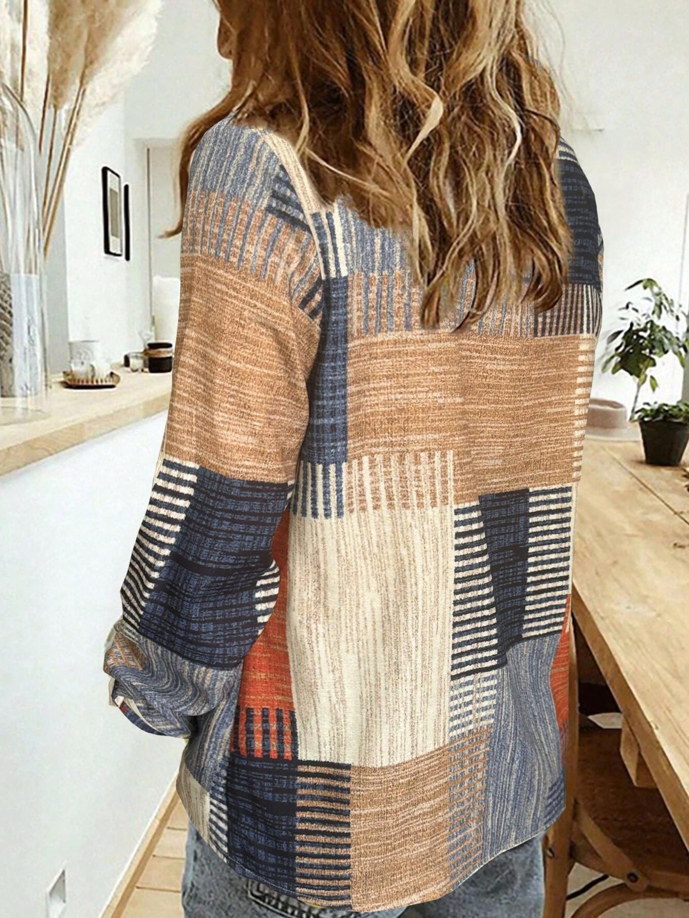 Colorblock Button & Print Decor Long Sleeve Casual Retro Shirt,Long Sleeve Tops Summer