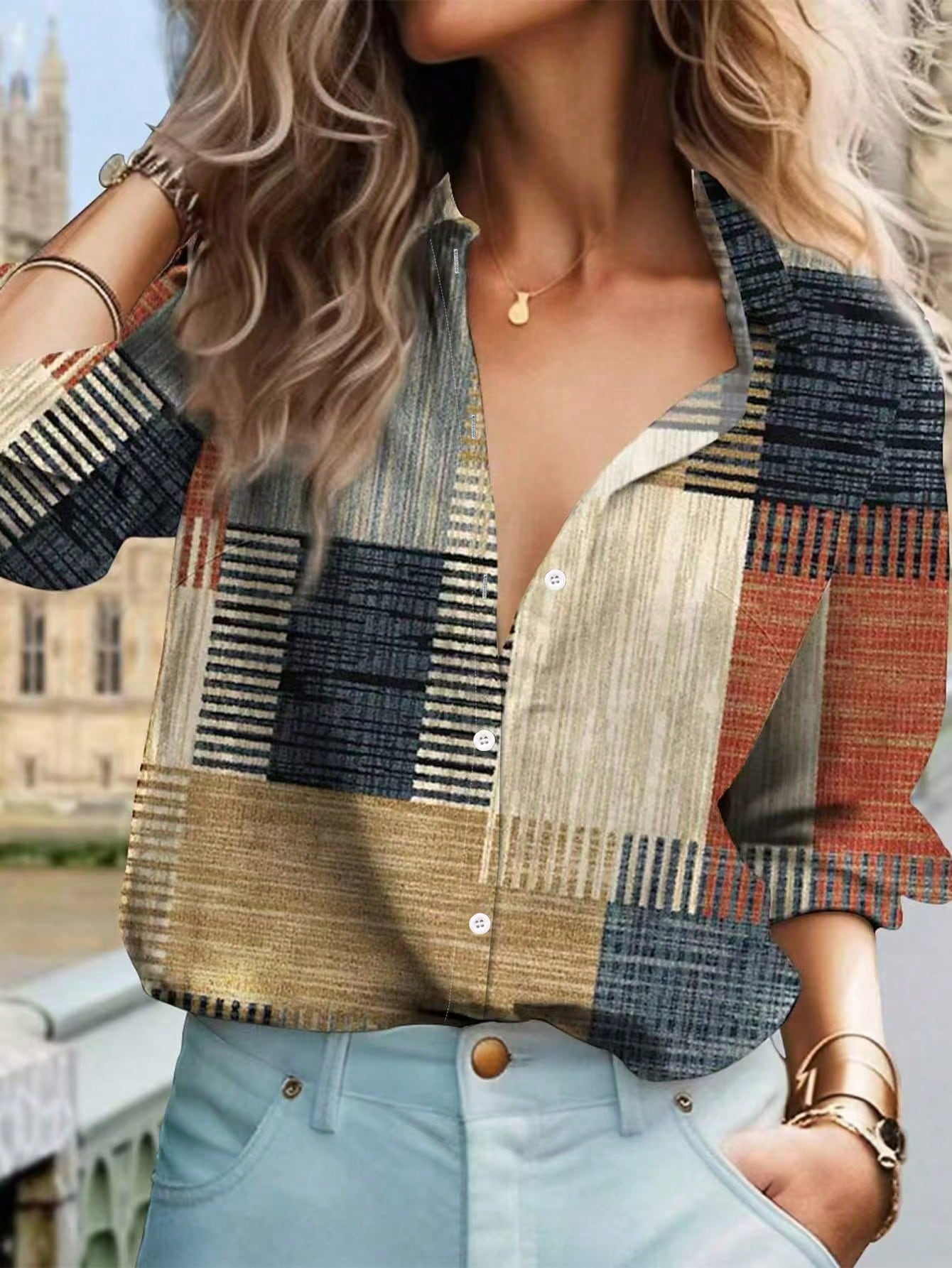 Colorblock Button & Print Decor Long Sleeve Casual Retro Shirt,Long Sleeve Tops Summer