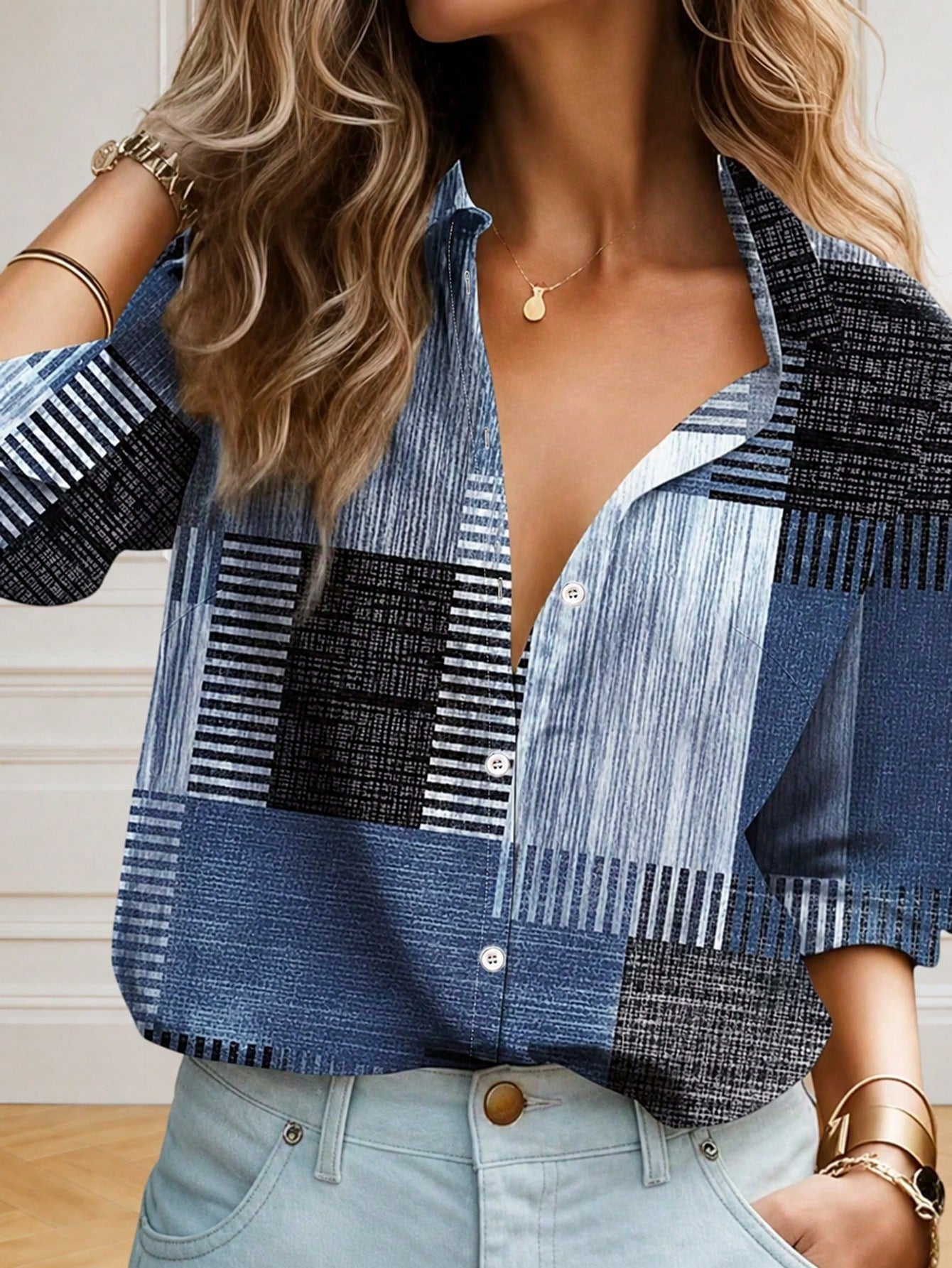 Colorblock Button & Print Decor Long Sleeve Casual Retro Shirt,Long Sleeve Tops Summer