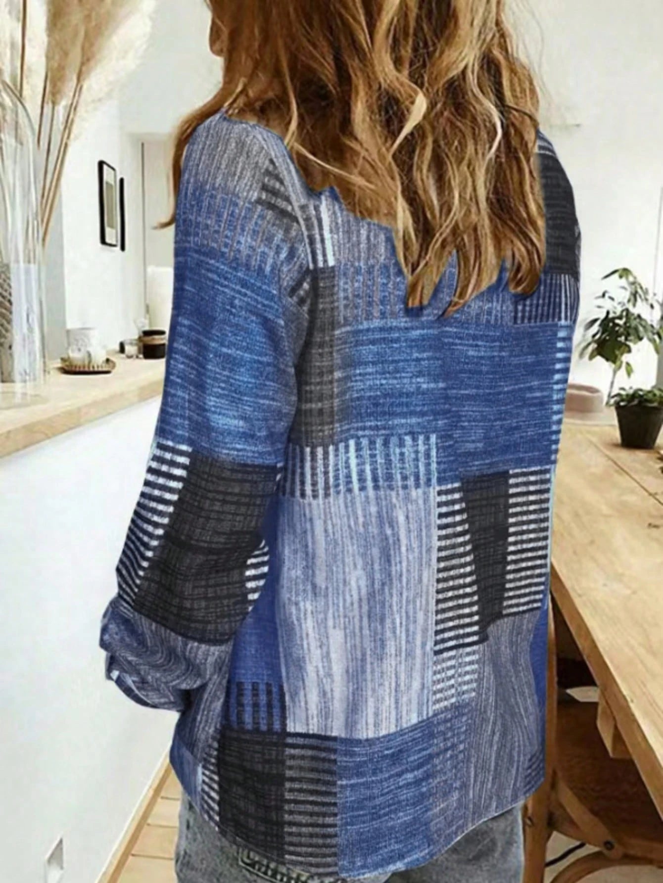 Colorblock Button & Print Decor Long Sleeve Casual Retro Shirt,Long Sleeve Tops Summer
