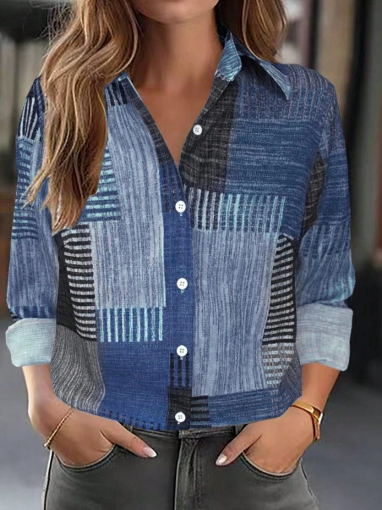 Colorblock Button & Print Decor Long Sleeve Casual Retro Shirt,Long Sleeve Tops Summer