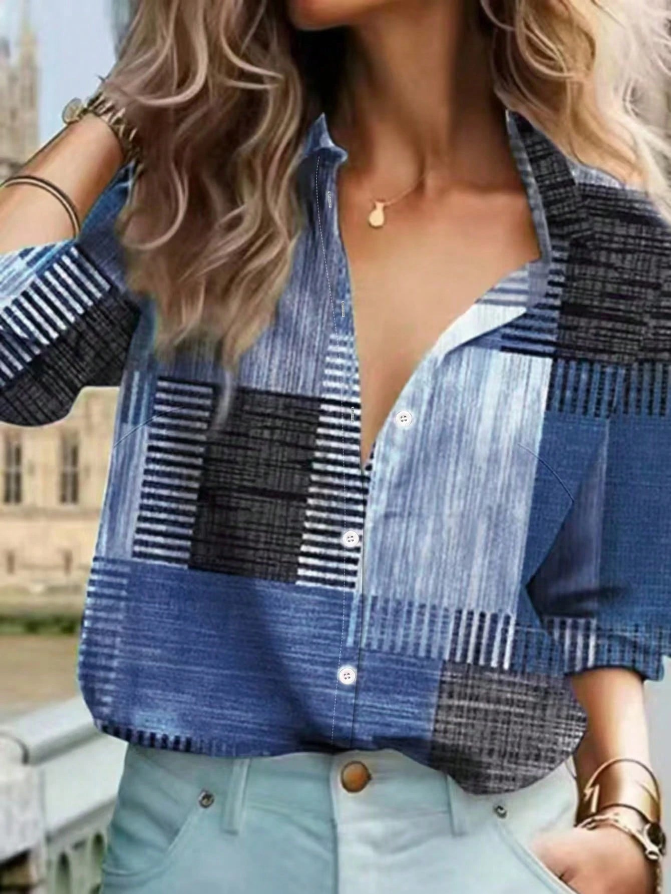 Colorblock Button & Print Decor Long Sleeve Casual Retro Shirt,Long Sleeve Tops Summer