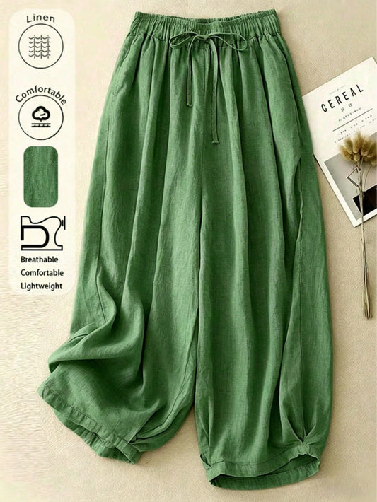 Comfortable Casual High Waist Elastic Linen Drape Pants, Suitable For Autumn & Summer