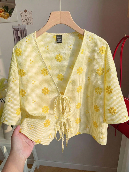Comfortcana Mustard Yellow Plaid V-Neck Tie-Front Casual Floral Print Blouse For Summer