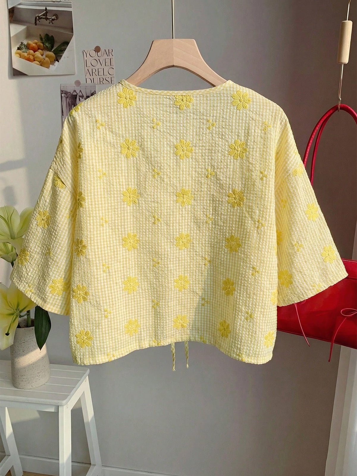 Comfortcana Mustard Yellow Plaid V-Neck Tie-Front Casual Floral Print Blouse For Summer