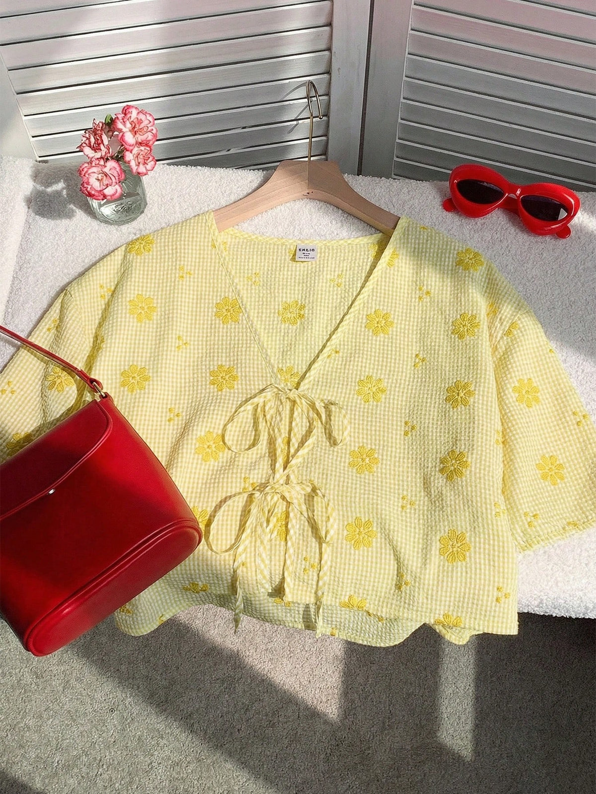 Comfortcana Mustard Yellow Plaid V-Neck Tie-Front Casual Floral Print Blouse For Summer