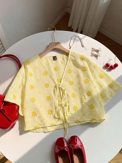 Comfortcana Mustard Yellow Plaid V-Neck Tie-Front Casual Floral Print Blouse For Summer