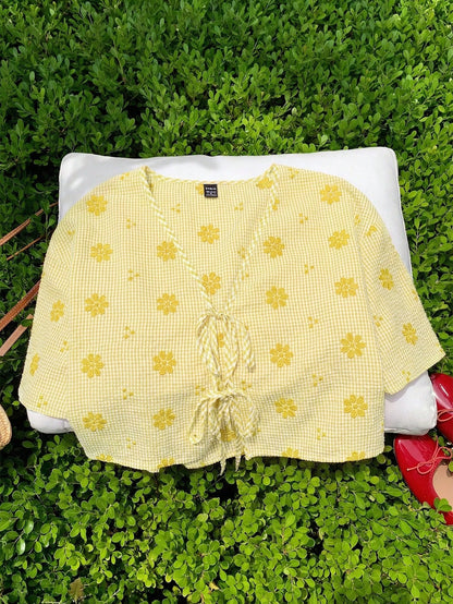 Comfortcana Mustard Yellow Plaid V-Neck Tie-Front Casual Floral Print Blouse For Summer