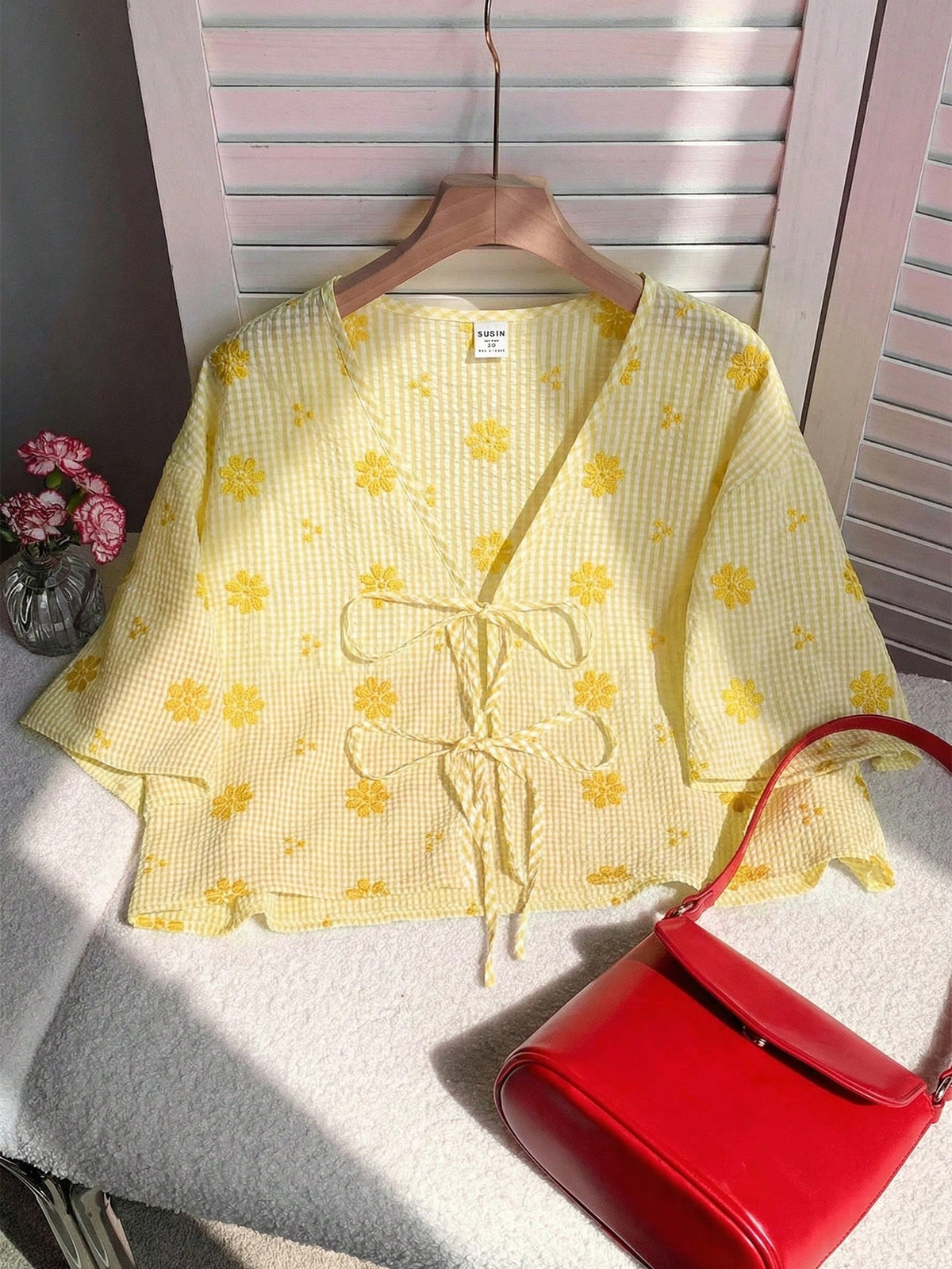 Comfortcana Mustard Yellow Plaid V-Neck Tie-Front Casual Floral Print Blouse For Summer