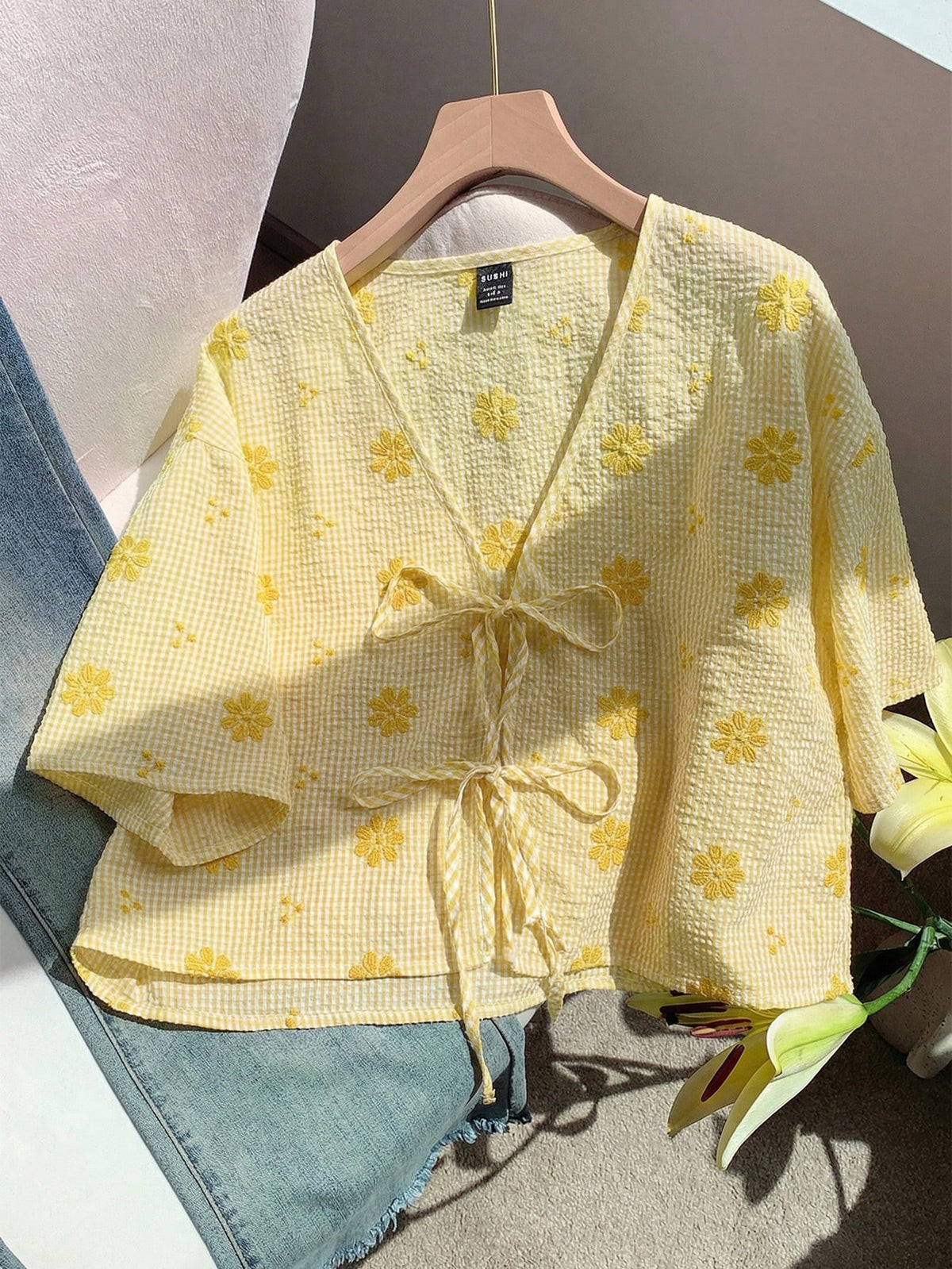 Comfortcana Mustard Yellow Plaid V-Neck Tie-Front Casual Floral Print Blouse For Summer