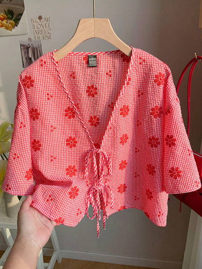Comfortcana Mustard Yellow Plaid V-Neck Tie-Front Casual Floral Print Blouse For Summer