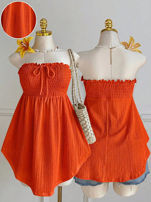 Comfortcana Plus Size Asymmetric Hem Lace Trim Sleeveless Tie Front Ruffle Blouse, Spring/Summer
