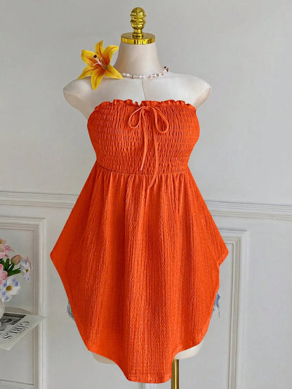 Comfortcana Plus Size Asymmetric Hem Lace Trim Sleeveless Tie Front Ruffle Blouse, Spring/Summer
