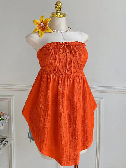 Comfortcana Plus Size Asymmetric Hem Lace Trim Sleeveless Tie Front Ruffle Blouse, Spring/Summer