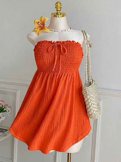 Comfortcana Plus Size Asymmetric Hem Lace Trim Sleeveless Tie Front Ruffle Blouse, Spring/Summer