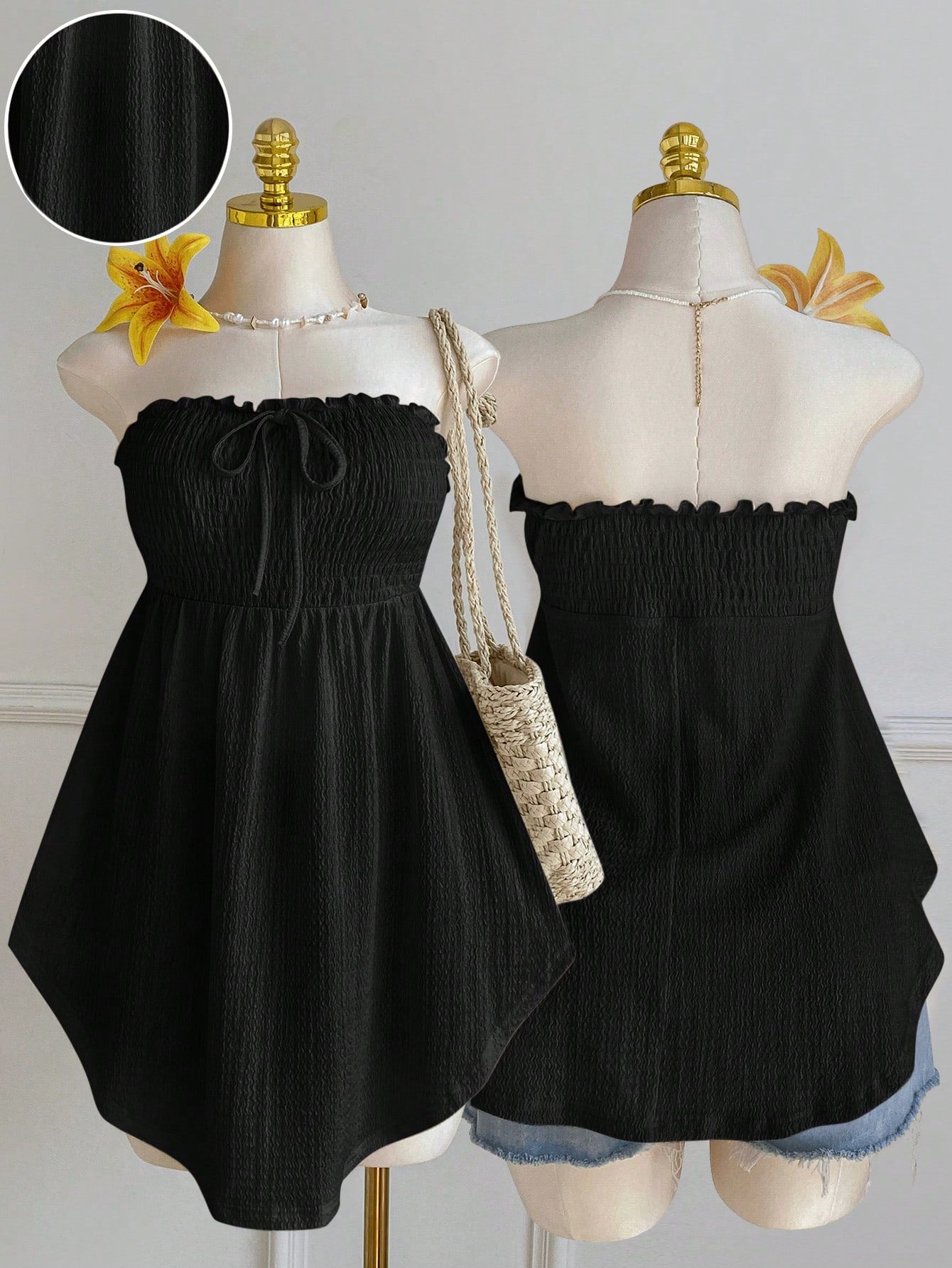 Comfortcana Plus Size Asymmetric Hem Lace Trim Sleeveless Tie Front Ruffle Blouse, Spring/Summer