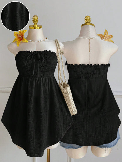 Comfortcana Plus Size Asymmetric Hem Lace Trim Sleeveless Tie Front Ruffle Blouse, Spring/Summer
