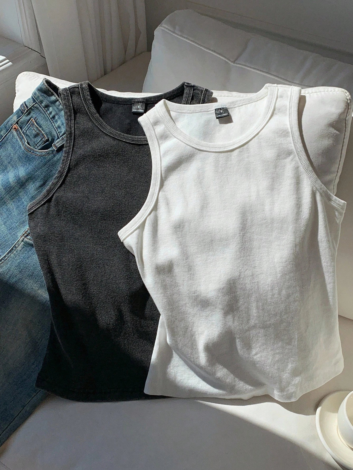 Comfortcana Versatile Women Black And White Sleeveless Tank Top Rib-Knit Round Neck Regular Fit Casual Style Ribbed Tops Cotton Basic Plain