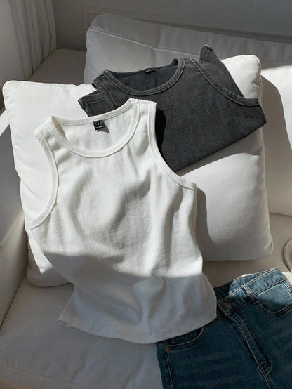 Comfortcana Versatile Women Black And White Sleeveless Tank Top Rib-Knit Round Neck Regular Fit Casual Style Ribbed Tops Cotton Basic Plain