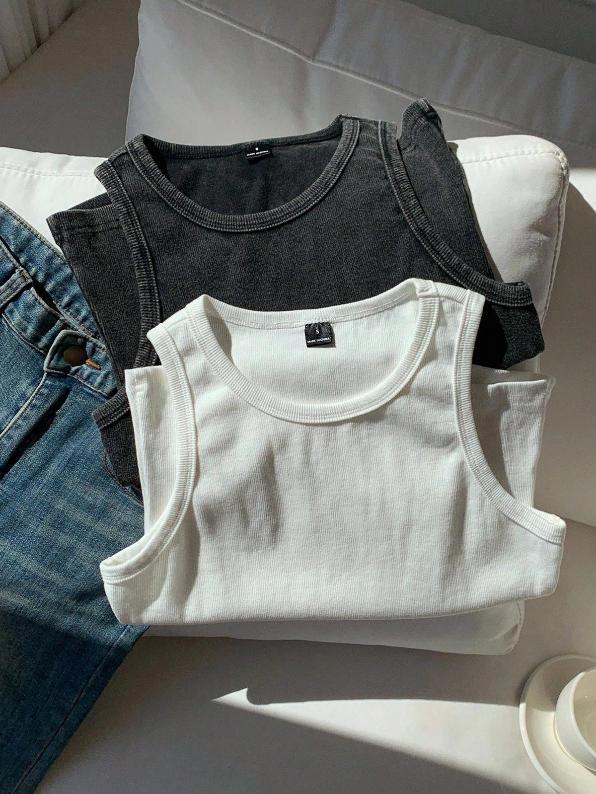 Comfortcana Versatile Women Black And White Sleeveless Tank Top Rib-Knit Round Neck Regular Fit Casual Style Ribbed Tops Cotton Basic Plain