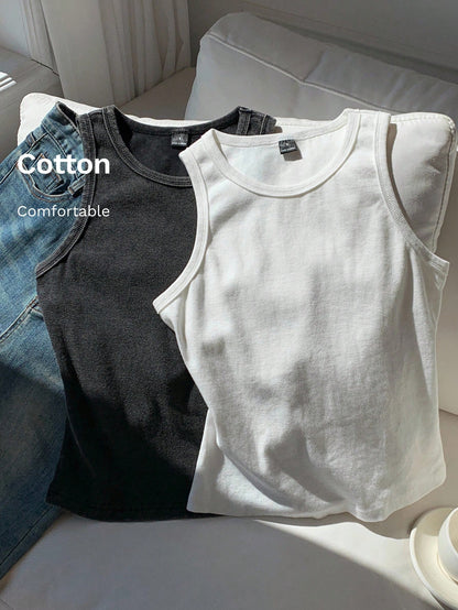 Comfortcana Versatile Women Black And White Sleeveless Tank Top Rib-Knit Round Neck Regular Fit Casual Style Ribbed Tops Cotton Basic Plain