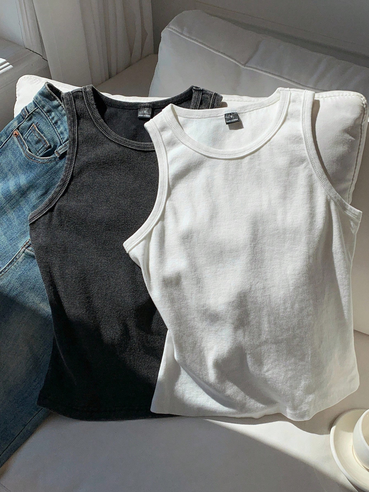 Comfortcana Versatile Women Black And White Sleeveless Tank Top Rib-Knit Round Neck Regular Fit Casual Style Ribbed Tops Cotton Basic Plain