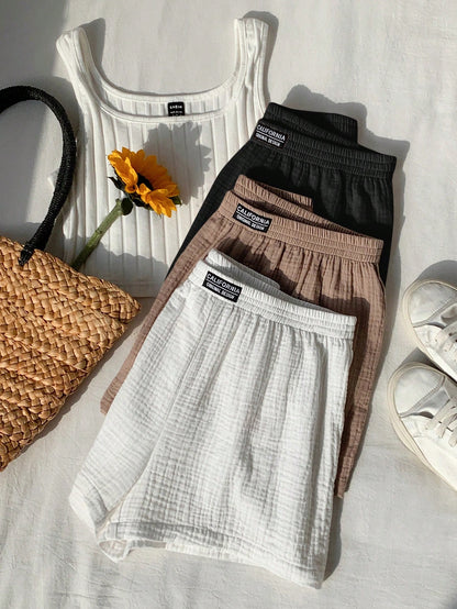 Comfortcana Women Letter Jacquard Wide Leg Shorts Set,Shorts For Summer Lounge White Black Beige Casual