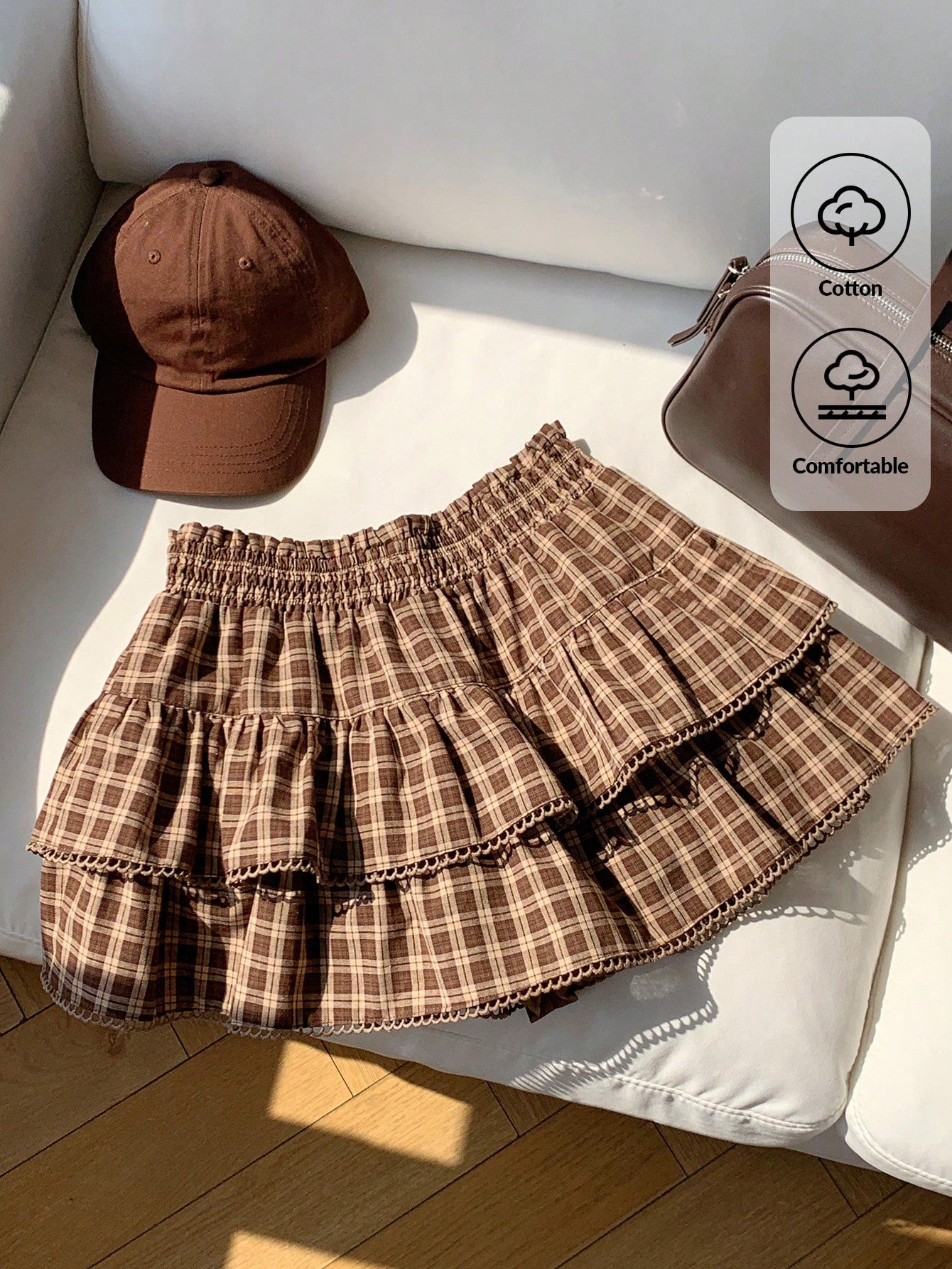 Comfortcana Women's Brown Plaid Autumn Cute Pre School Back-To-School Casual Vintage Woven Ruffle Hem A-Line Skirt, Fashionable Y2K Beach Work