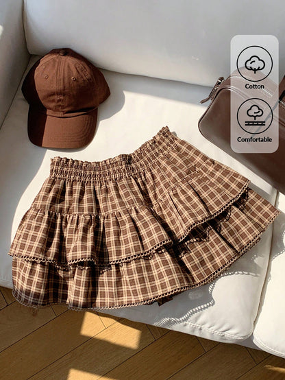 Comfortcana Women's Brown Plaid Autumn Cute Pre School Back-To-School Casual Vintage Woven Ruffle Hem A-Line Skirt, Fashionable Y2K Beach Work