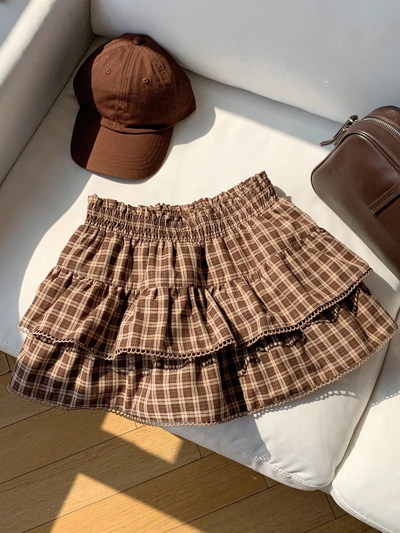 Comfortcana Women's Brown Plaid Autumn Cute Pre School Back-To-School Casual Vintage Woven Ruffle Hem A-Line Skirt, Fashionable Y2K Beach Work