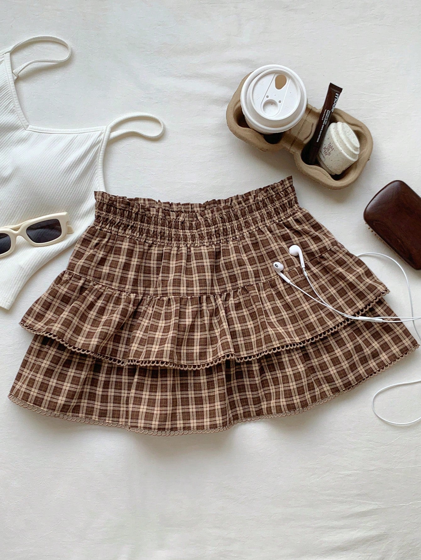 Comfortcana Women's Brown Plaid Autumn Cute Pre School Back-To-School Casual Vintage Woven Ruffle Hem A-Line Skirt, Fashionable Y2K Beach Work