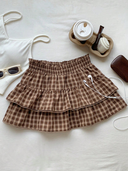 Comfortcana Women's Brown Plaid Autumn Cute Pre School Back-To-School Casual Vintage Woven Ruffle Hem A-Line Skirt, Fashionable Y2K Beach Work