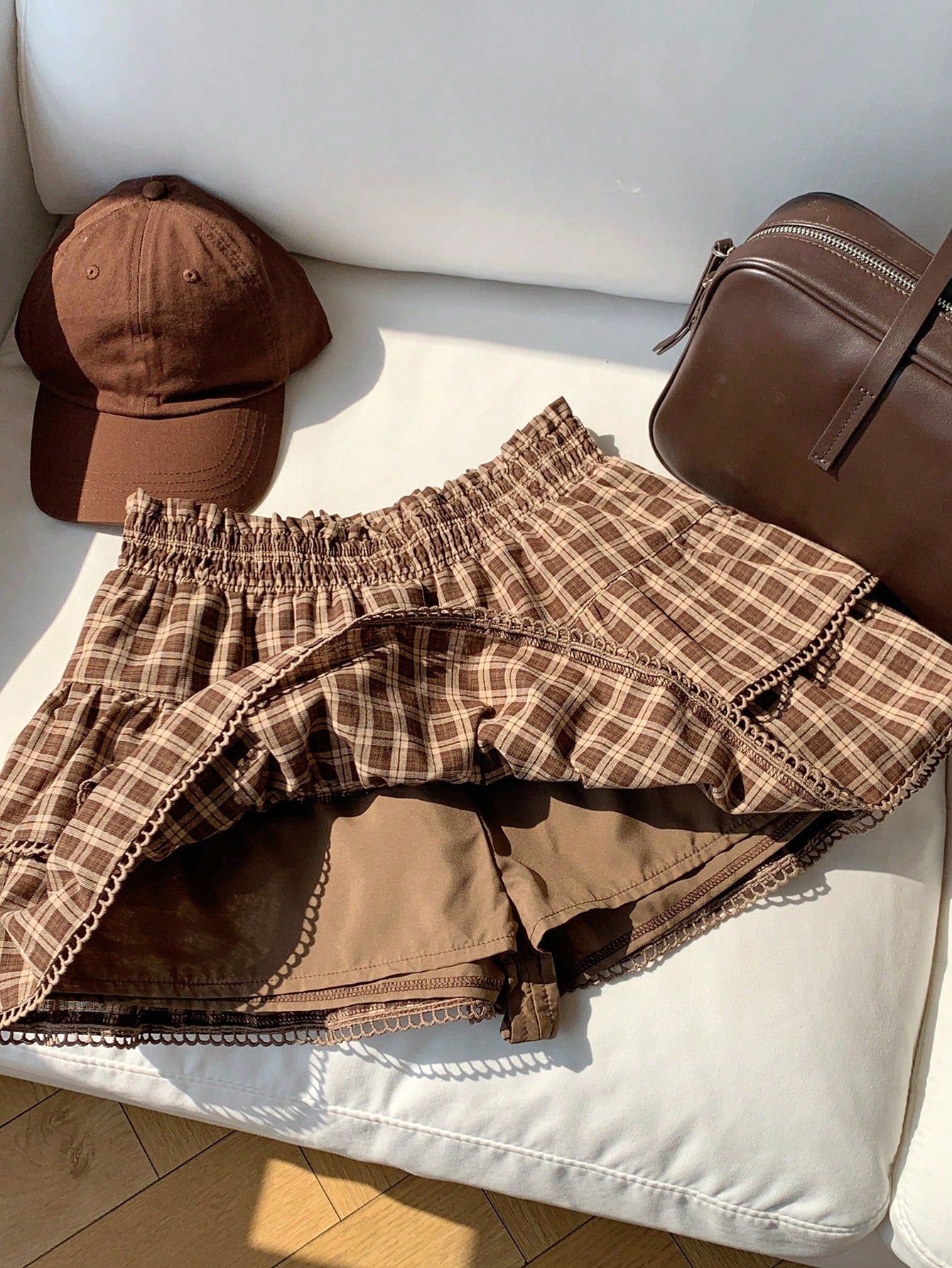 Comfortcana Women's Brown Plaid Autumn Cute Pre School Back-To-School Casual Vintage Woven Ruffle Hem A-Line Skirt, Fashionable Y2K Beach Work