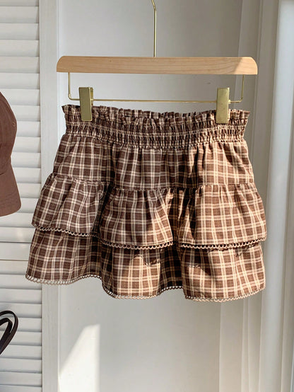 Comfortcana Women's Brown Plaid Autumn Cute Pre School Back-To-School Casual Vintage Woven Ruffle Hem A-Line Skirt, Fashionable Y2K Beach Work