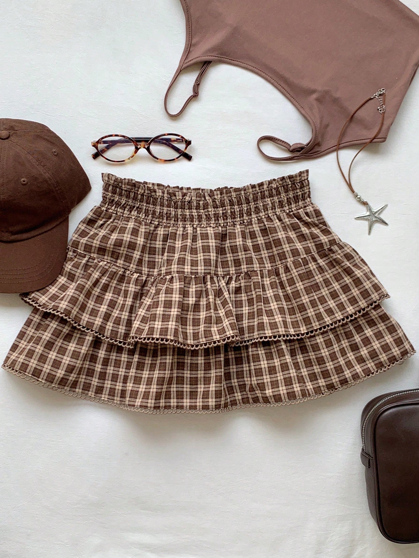 Comfortcana Women's Brown Plaid Autumn Cute Pre School Back-To-School Casual Vintage Woven Ruffle Hem A-Line Skirt, Fashionable Y2K Beach Work
