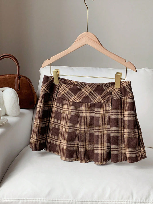 Comfortcana Women's Casual Preppy Vintage 70s Collegiate Style Pleated Skirt, Autumn Back-To-School School Work Brown Plaid