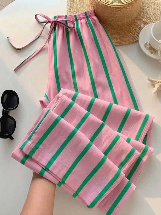 Comfortcana Women's Casual Waist Tie Straight Leg Pants, Colorful Striped Long Pants, Street Style, Suitable For Daily Commute, Date, Party, Autumn/Winter, Summer, Party, Wedding, Beach, Graduation Ce