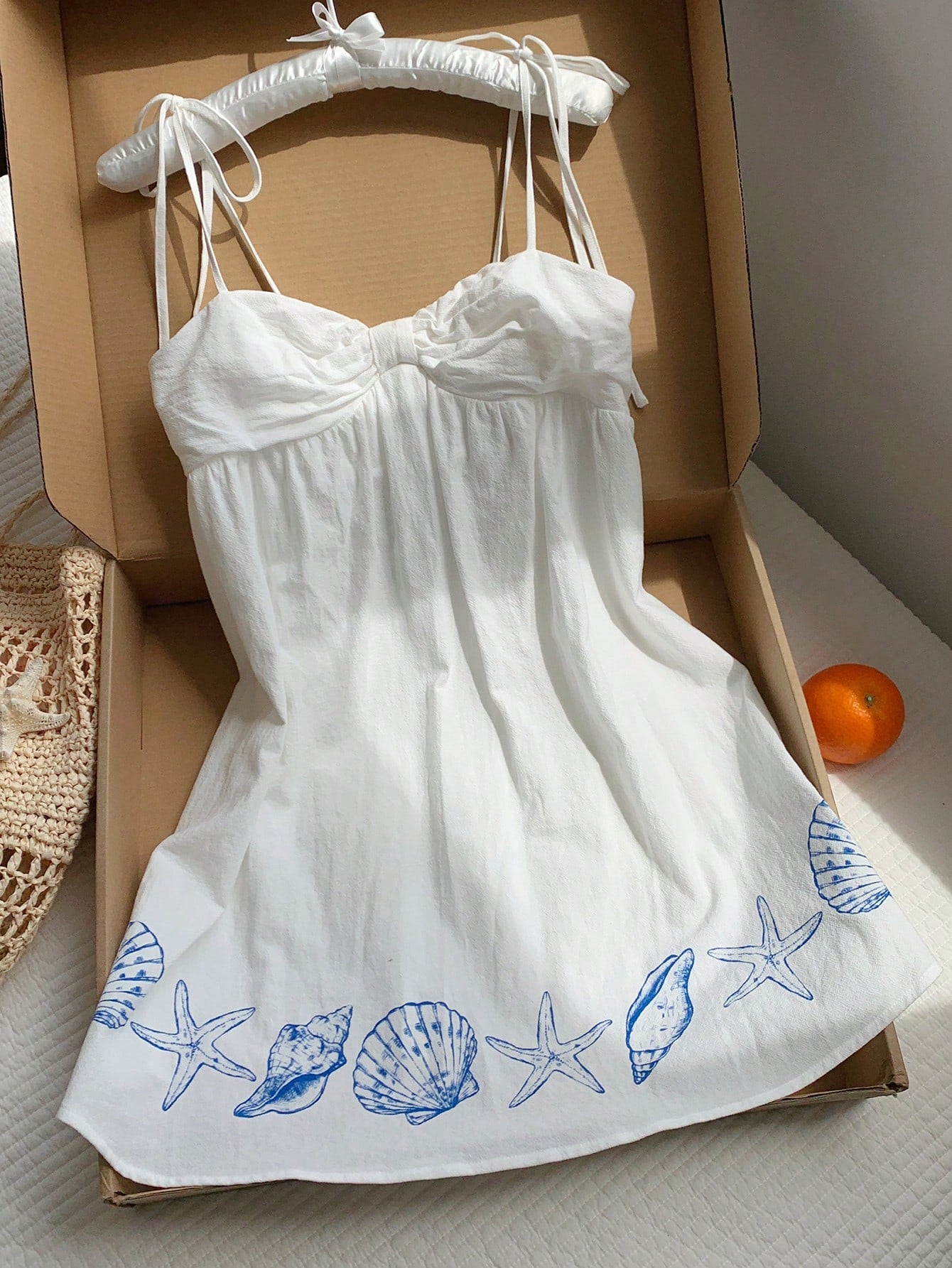 Comfortcana Women's Cotton-Feel Marine Life Spaghetti Strap Bow Mini Dress, White And Blue, Summer, Casual Tropical Sexy Cute, Holiday, Vacation, Beach